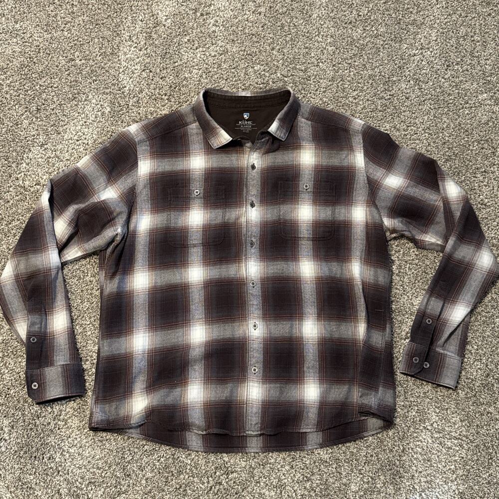 Kuhl The Law Flannel Button Up Long Sleeve Mens Brown Gray Size XL